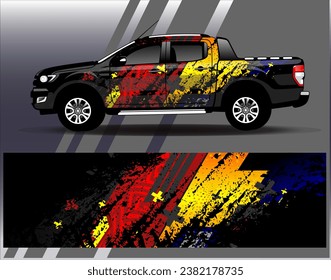 Diseño de envoltura de coches vectorial.Diseño gráfico abstracto de bandas de carreras de fondo para vehículos, carreras, carreras, aventuras y carreras de coches
