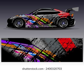 Diseño de envoltura de coches vectorial.Diseño gráfico abstracto de bandas de carreras de fondo para vehículos, carreras, carreras, aventuras y carreras de coches