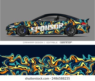 Car wrap design with vibrant marble pattern in orange, yellow, blue, and green. Perfect for adding bold, colorful accents to vehicles.