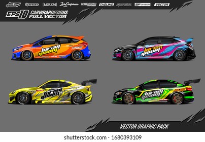 Car wrap graphic design vector pack. Abstract sporty and racing livery background. Full vector eps 10