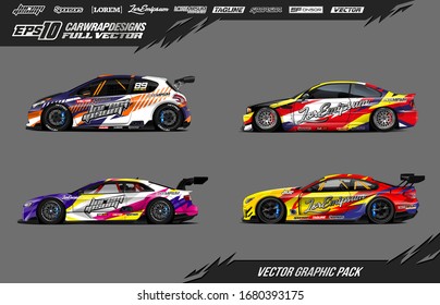 Car wrap graphic design vector pack. Abstract sporty and racing livery background. Full vector eps 10