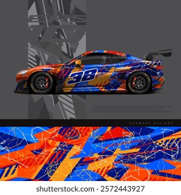 Car wrap grunge decal graphic design. Abstract stripe racing background designs for wrap cargo van, race car, pickup truck, adventure vehicle. Eps 10