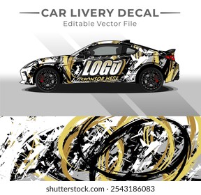 Etiqueta de la librea del abrigo del coche Abstractas. Cepillo de Vector Circular Blanco, Negro, Color Oro. Fondo Abstractas de carreras y deporte para la librea del coche o etiqueta engomada del vinilo del coche del uso diario