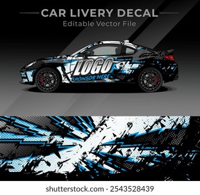 Auto Wrap Livery Decal Abstract. Vektorpinsel kreisförmig weiß, schwarz, blaue Farbe. Abstrakter Renn- und Sporthintergrund für Autoaufkleber oder Alltagsgebrauch