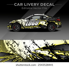 Etiqueta de la librea del abrigo del coche Abstractas. Cepillo de Vector Circular Blanco, Negro, Amarillo Color del rayo. Fondo Abstractas de carreras y deporte para la librea del coche o etiqueta engomada del vinilo del coche del uso diario