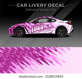 Etiqueta de la librea de la urdimbre del coche color púrpura rosa blanco. Etiqueta engomada ondulada abstracta dinámica y fresca del Vector del modelo, perfecta para los coches de carreras, los coches de encargo, y el uso personal.
