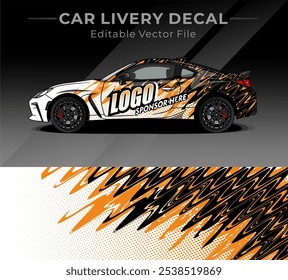 Car Wrap Livery Decal White Orange Black Colour. Dynamic and cool abstract wavy pattern vector sticker, perfect for racing cars, custom cars, and personal use.