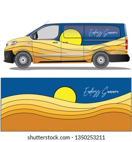 Car wrap with a sunset illustration graphic design. file is editable and ready to print.