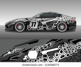 Coche envolver adorno de decal de carreras de vinilo. Resumen planilla de impresión de diseño de fondo de deporte hexagonal con rayas geométricas. Ilustración vectorial.