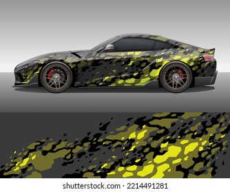 Coche envolver adorno de decal de carreras de vinilo. Resumen de la plantilla de impresión de diseño de fondo de exposición geométrica de camo con foco deportivo. Ilustración vectorial.