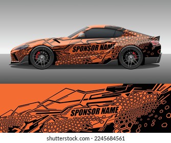 Coche envolver adorno de decal de carreras de vinilo. Resumen ornamento plano hexagonal con rayas geométricas. Plantilla de impresión de diseño de fondo para deportes de camuflaje. Ilustración vectorial.