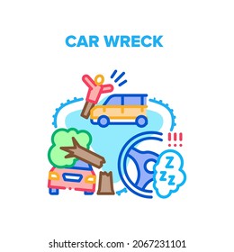 Car Wreck Crash Vector Icon Concept. Car Wreck And Knocking Down Pedestrian, Broken Tree Damaging Vehicle And Driver Fell Asleep At Wheel. Automobile Accident And Disaster Color Illustration