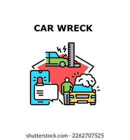 Concepto de icono de vectores de accidentes de coche. Choque De Lavado De Coches, Accidente De Incendios Y Llamado Al Servicio De Rescate De Emergencia Por Teléfono Móvil. Ilustración del color de la situación del tráfico de automóviles peligroso
