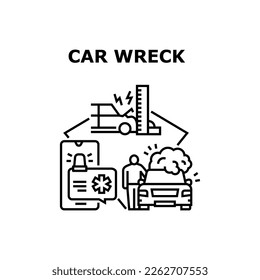 Concepto de icono de vectores de accidentes de coche. Choque De Lavado De Coches, Accidente De Incendios Y Llamado Al Servicio De Rescate De Emergencia Por Teléfono Móvil. Peligrosa situación de tráfico automovilístico Ilustración negra