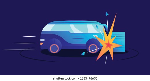 Car wreck flat color vector illustration. Automobile smashing against wall on blue background. Van hitting obstacle on high speed. Vehicle crash test, road accident, emergency situation