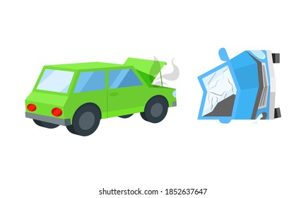 Car Wreckage or Car Accident with Transport Deformation and Turning Upside Down Vector Set