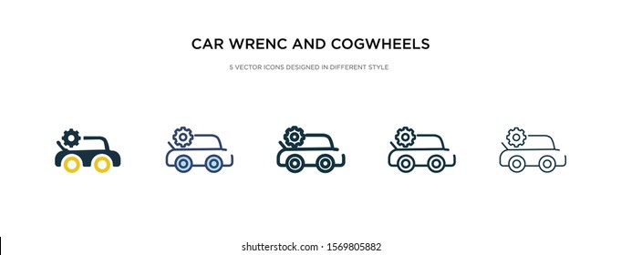 car wrench and cogwheels icon in different style vector illustration. two colored and black car wrench and cogwheels vector icons designed in filled, outline, line stroke style can be used for web,
