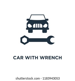 Car with Wrench icon. Black filled vector illustration. Car with Wrench symbol on white background. Can be used in web and mobile.