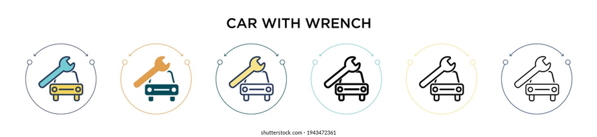 Car with wrench icon in filled, thin line, outline and stroke style. Vector illustration of two colored and black car with wrench vector icons designs can be used for mobile, ui, web