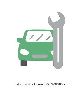 Car with wrench icon. Green transport with troubleshooting tool. Logotype for company or organization, branding for car repair shop. Graphic element for website. Cartoon flat vector illustration