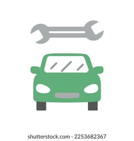 Car with wrench icon. Logotype for companies and organizations, branding. Graphic element for website. Auto repair shop and transport and vehicle care. Cartoon flat vector illustration