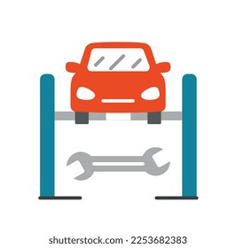 Car with wrench icon. Repair of vehicles and vehicles. Logotype for company and organization, auto repair shop, branding. Modification and tuning. Cartoon flat vector illustration