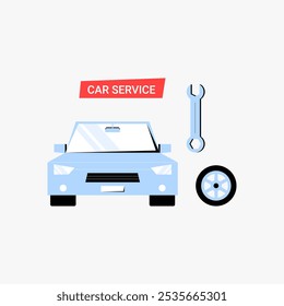 Auto mit Schraubenschlüssel und Reifen in flacher Vektorgrafik, die Autoservice, Reparatur und Autowartung symbolisiert, einzeln auf weißem Hintergrund.