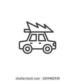 Car with a Xmas tree line icon. linear style sign for mobile concept and web design. Christmas tree transportation outline vector icon. Symbol, logo illustration. Vector graphics