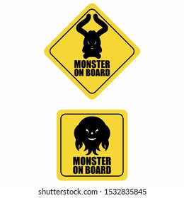 Car yellow sticker logo icon Funny sign of attention Monster animal alien on board Hand drawn Creative cartoon design Modern children's style Fashion print for clothes cards poster banner flyer Vector