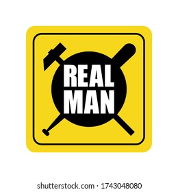 Car yellow sticker logo icon Real man text lettering Funny sign of attention and apology Creative modern cartoon design style Fashion print for clothes apparel greeting invitation card emblem poster