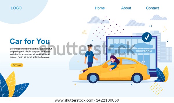 Car for You Flat Cartoon Banner Vector\
Illustration. Woman Driving Rented or New Car from Showroom. Shop\
with Modern Vehicles on Background. Character Looking out\
Transport. Man Going\
Towards.