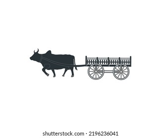 Carabao pulls a wooden cart, traditional transportation silhouette nature concept