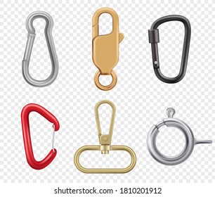 Carabine hook. Climbers for hiking loop vector keys and lock illustrations realistic