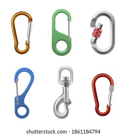 Carabineer bright set, quick link oval collection. Chain connector, locking carabineer clip for outdoor activity, camping. Vector realistic style illustration on white background
