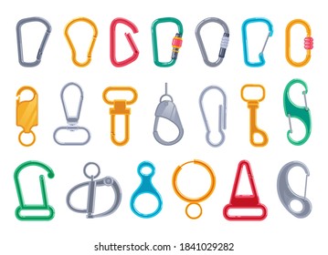 Carabiner clasp. Metal colored carabine for climbing rope link, metal snap hook for bag, safety or protecting haberdashery gear accessory set vector illustration isolated on white background