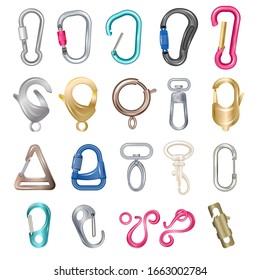 Carabiner clasps isolated vector illustrations. Metal colored carabiner with open closed hook, technical clips and claws for bag or carbine snap for climbing hiking clasped rope equipment icons set