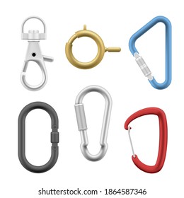 Carabiner clasps various round, oval, triangle design realistic set. Bracelet, pendant, necklace locks collection. Fashion jewelry accessories. Vector carabiner isolated on white background.
