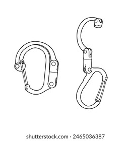 Carabiner for climbing mountaineering vector illustration lineart flat outline template. Isolated on a white background