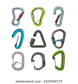 Carabiner-Clip-Set Cartoon. Hakenausrüstung, Objektsicherheit, Karabiner-Clip-Zeichen für Sicherheitstools. einzelne Vektorgrafik-Vektorgrafik