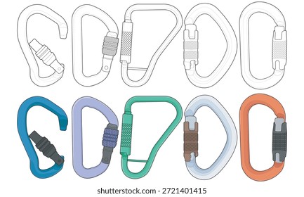 Conjunto de ilustración de mosquetón con estilos de contorno y color completo en varias Formas y mecanismos de bloqueo. Ideal para gráficos de equipos para exteriores, guías de escalada y camping, diagramas de instrucción, imágenes de seguridad y referencias de diseño de productos.
