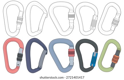 Conjunto de ilustración de mosquetón con estilos de contorno y color completo en varias Formas y mecanismos de bloqueo. Ideal para gráficos de equipos para exteriores, guías de escalada y camping, diagramas de instrucción, imágenes de seguridad y referencias de diseño de productos.