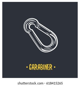 Carabiner illustration. Vector logotype isolated on black background.