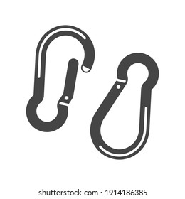 Carabiner or karabiner bold black silhouette icon isolated on white. Pair of shackle metal loop pear shaped pictogram. Clasp using in rope-intensive activities, sport vector element for web.