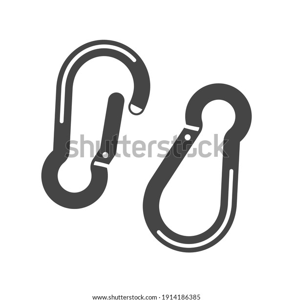 Carabiner or karabiner bold black silhouette icon\
isolated on white. Pair of shackle metal loop pear shaped\
pictogram. Clasp using in rope-intensive activities, sport vector\
element for web.
