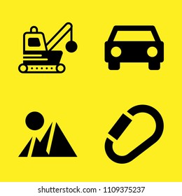 carabiner, pyramids, car frontal view and demolishing vector icon set. Sample icons set for web and graphic design