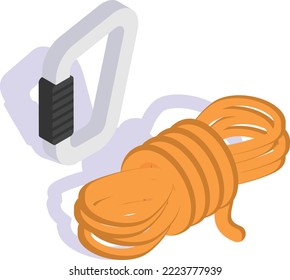 Concepto de conjunto de carabiner y rope, diseño de icono isométrico vectorial de equipo de escalada alpino, símbolo de actividades de temporada de invierno, signo meteorológico más frío, nieve e ilusión de material de espuma