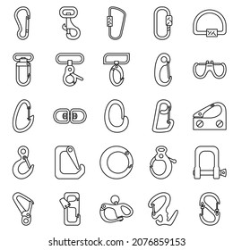 A carabiner for a rope, a clip for a rope, a clasp for jewelry. Equipment for tourists, climbers. A set of vector icons, offline, isolated. Editable stroke.