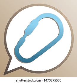 Carabiner sign. Bright cerulean icon in white speech balloon at pale taupe background. Illustration.