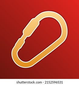 Carabiner sign. Golden gradient Icon with contours on redish Background. Illustration.