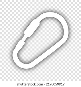 Carabiner sign. White Icon with dropped natural gray Shadow at transparent Background. Illustration.